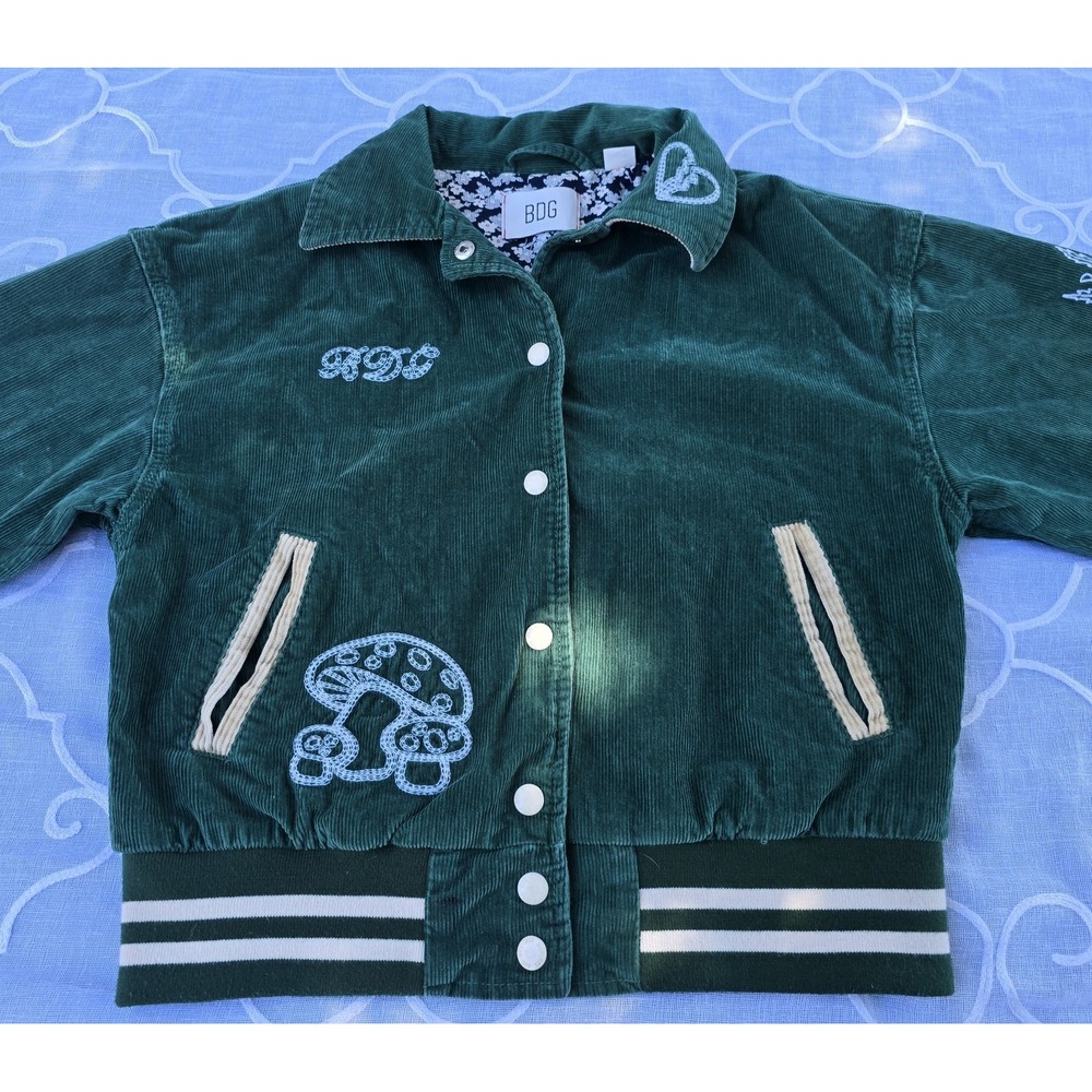 BDG Corduroy Jacket Green Mushroom Embroidery "Vibes" Back Women's Size S